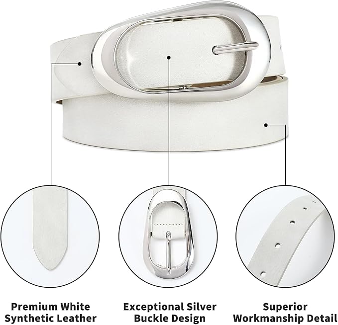 Womens White Belts with Gold Buckle Leather Belts for Women Ladies Fashion Waist Belt