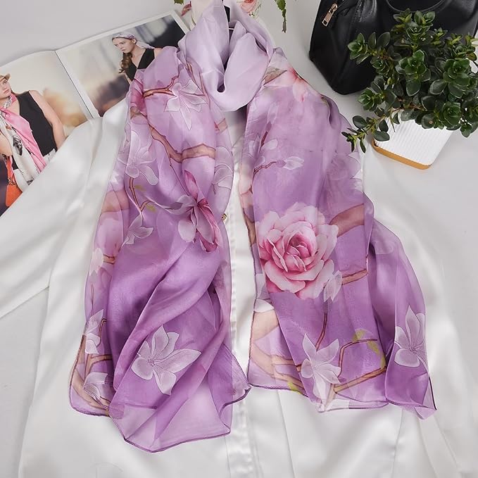100% Mulberry Silk Women's Neck Silk Scarf-Lightweight Shawl,FLoral Print Beach Silk Wrap-Scarves for Photography