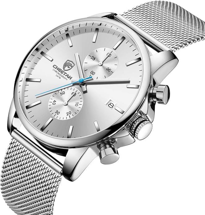 GOLDEN HOUR Mens Watch Fashion Sleek Minimalist Quartz Analog Mesh Stainless Steel Waterproof Chronograph Watches for Men with Auto Date