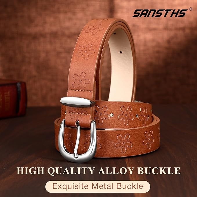 SANSTHS Womens Belt for Jeans Pants Dresses with Alloy Buckle, Floral Print Belt for Women with Unique Print Design