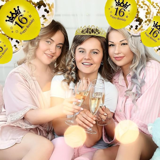 16th Birthday Decorations for Her Girls Set, Include 16th Birthday Crown and 16 Sash, 16th Birthday Cake Topper and 16 Birthday Candles, Gold 16 Balloons, Women 16th Party Supplies(Gold)