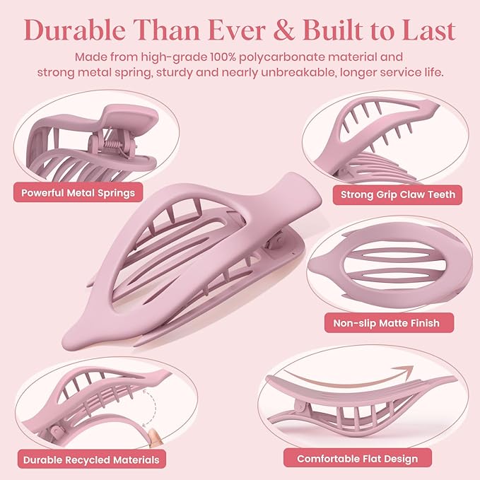 6 PCS Large Flat Hair Clips for Women Girls, French Concord Lay Down Claw Clips for Thick Thin Hair, Comfortable Curved Lay Flat Clips, Matte Non-slip Strong Hold Hair Accessories, Colorful