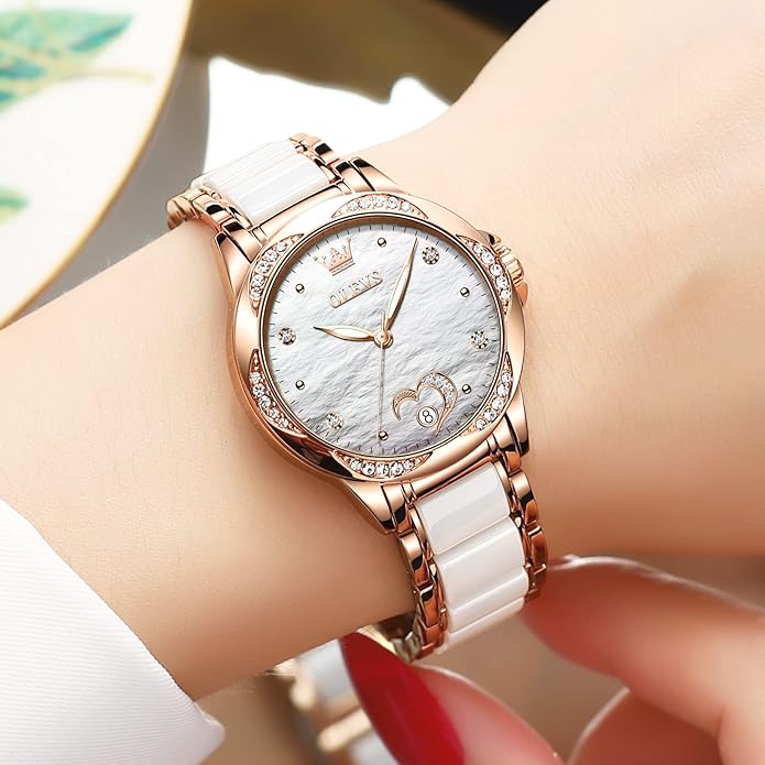 OLEVS Womens Automatic Watch, Premium Large Face Diamond Accented Self Winding Watches for Women, Fashion Waterproof Ladies Dress Watch, Two Tone Stainless Steel Ceramic Bracelet