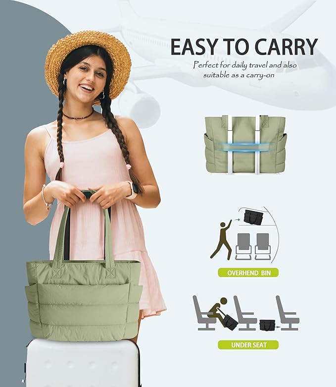 Puffer Tote Bag for Women, Cute Quilted Carryall with Zippered Compartments Shoulder Bag Handbag for Work, Travel, Gym