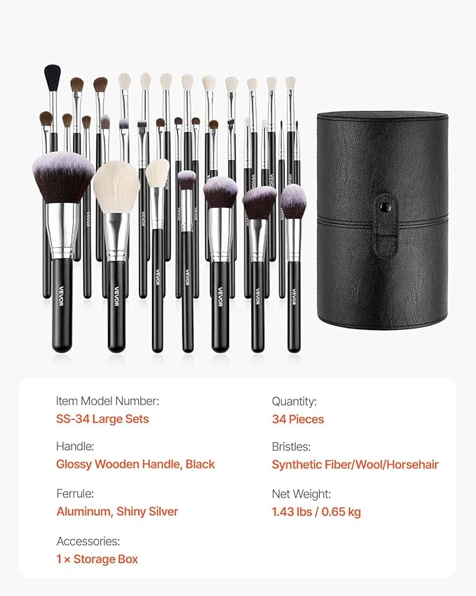 VEVOR 34-Piece Makeup Brush Set, Professional Makeup Brushes Kit for Foundation Blending Eyeshadow Concealer Blush - with Soft Bristles, Ergonomic Wood Handle, Travel-Friendly Case Included
