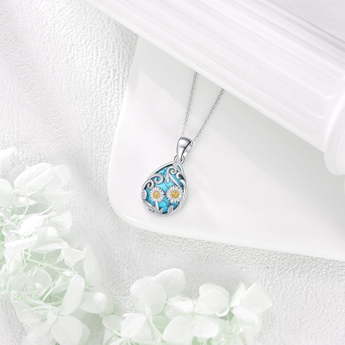 YFN Black Obsidian/Moonstone/Turquoise/Moss Agate Sunflower Filigree Teardrop Pendant Necklace Jewelry for Women - 925 Sterling Silver