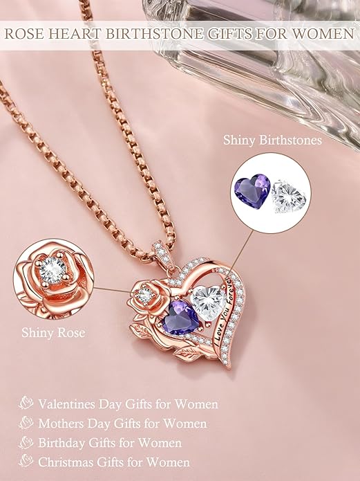 Rose Heart Necklaces for Women, Rose Gold Forever Love Jewelry with 2 Birthstones Pendant, Christmas Anniversarry Birthday Gifts for Her Wife Mom Grandma, 18+2 Inch Chain