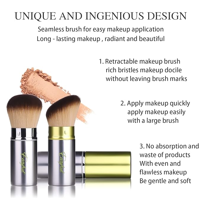 Retractable Kabuki Makeup Brushes 2 Pcs Blush Brushes Set Portable Powder Brushes with Flat and Angled Top for Liquid Cream Cosmetics Travel, large/1.18inch(Silver Green)