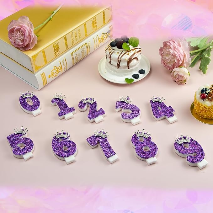 Birthday Number Candles,Purple Crown Birthday Candles for Cake,Glitter Number 2 Candle Cake Topper with Sequins for Anniversary Celebrations Supplies (Number 2)