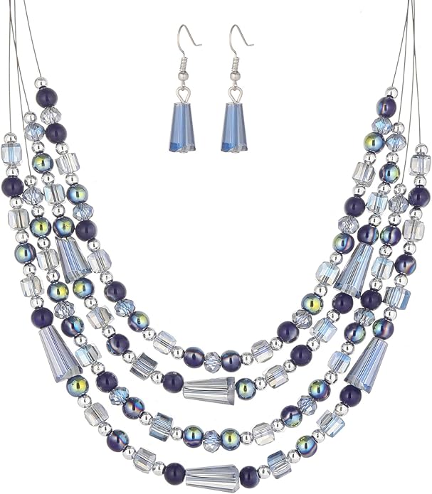 Layered Beaded Statement Necklace Multi Strand Crystal Beads Collar Necklace and Earring Sets for Women Fashion Costume Jewelry Set Gifts for Her