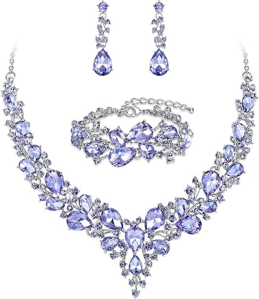 BriLove Wedding Bridal Jewelery for Women Austrian Crystal Teardrop Cluster Statement Necklace Dangle Earrings Link Bracelet Set