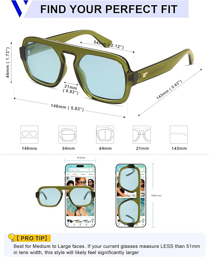 VANLINKER Oversized Retro Square Aviator Sunglasses for Women Men 70s Vintage Style Trendy Big Flat Top Sun Glasses VL9826