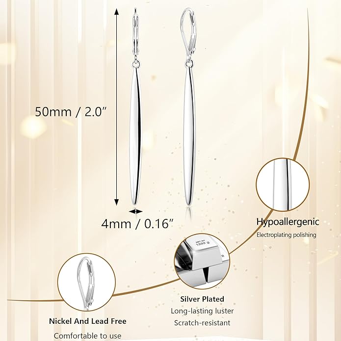 ALEXCRAFT 925 Sterling Silver & 14K Gold Plated Long Dangle Drop Earrings for Women Minimalist Hypoallergenic Vertical Bar Leverback Dangling Earrings Lightweight Daily Fashion Jewelry Gifts