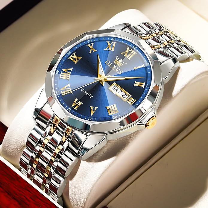 OLEVS Classic Men Watches with Date,Stainless Steel Man Watch with Date, Bussiness Watches for Men,Luminous Quartz Mens Watches Black/White/Blue/Gold, Waterproof Male Watch with Week