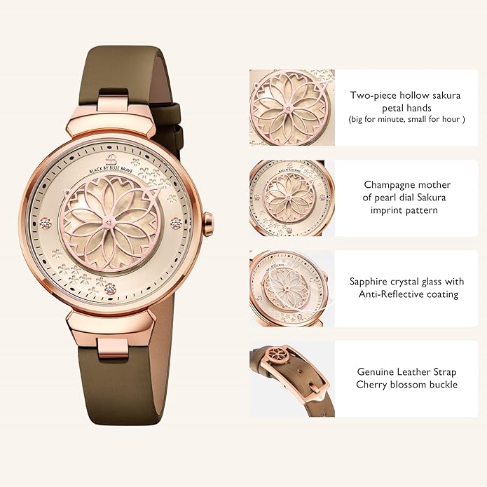 Women Watches Cherry Blossom Women's Watch Mother of Pearl Dial Ladies Watch with Leather Strap Sakura Petal Shape Cherry Blossom Watches for Women Sapphire Crystal Glass for Durability and Clarity