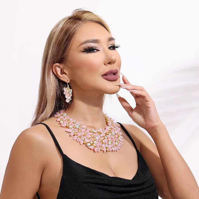 Bocar Fashion Crystal Chunky Collar Statement Necklace Earring Set for Women Gift (NK-10260)