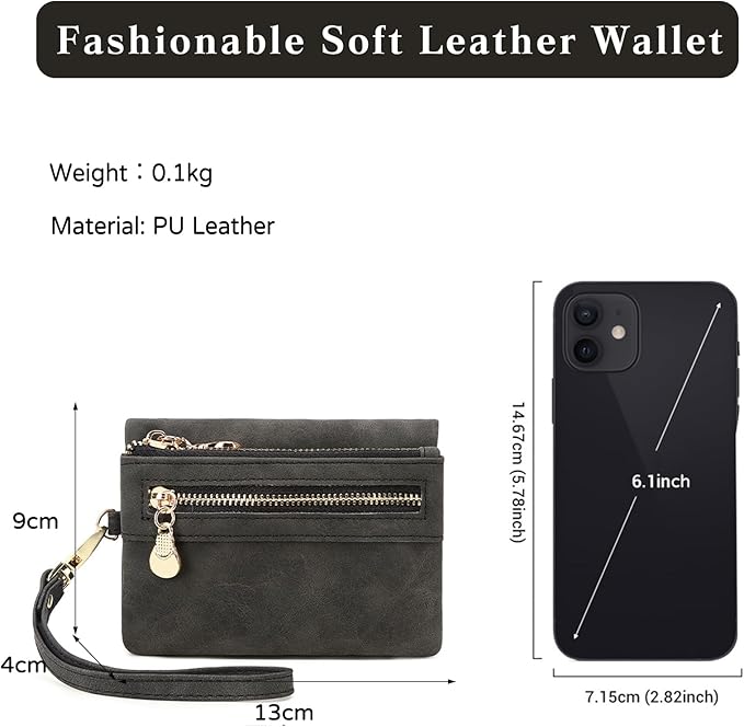 Women's Vintage Genuine Leather Handbag Wallet Dark Billfold Purse with Snap Closure for Daily Essentials (Black)
