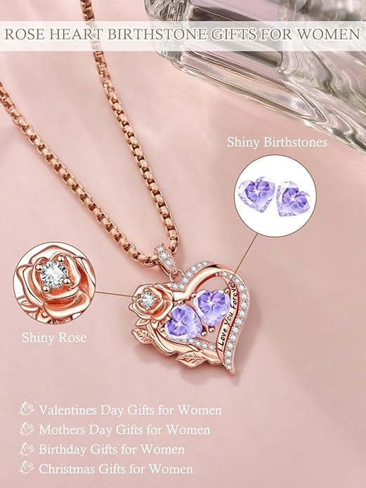Rose Heart Necklaces for Women, Rose Gold Forever Love Jewelry with 2 Birthstones Pendant, Christmas Anniversarry Birthday Gifts for Her Wife Mom Grandma, 18+2 Inch Chain