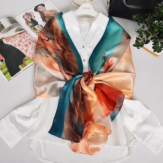 100% Mulberry Silk Scarf for Women Neck Oblong Headscarves Long Floral Print Lightweight Silk Wraps Shawls 67"*20"