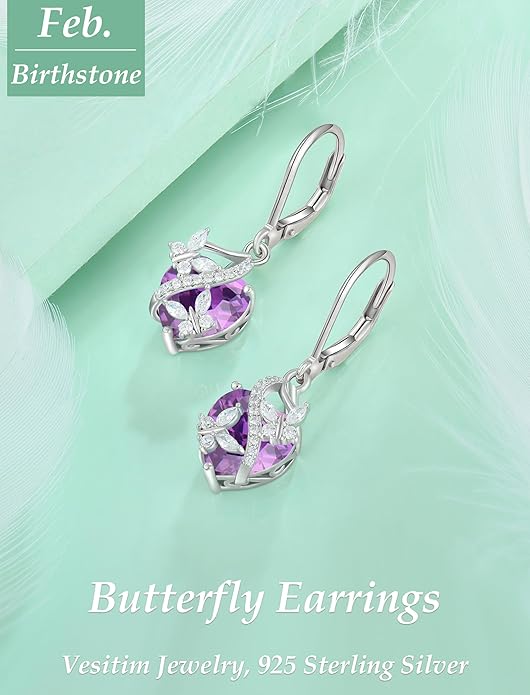 Butterfly Earrings for Women 925 Sterling Silver Heart Earring Birthstone Jewelry