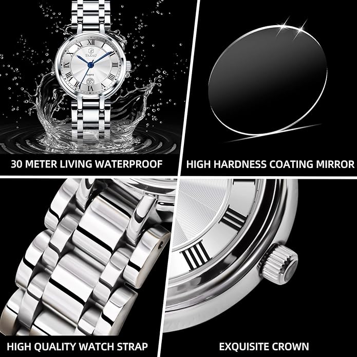 Gold Silver Two Tone Women Stainless Steel Watch Small Wrist ElegantDress Watch for Women Fashion Luxury Waterproof Day Date Analog Quartz Ladies Watches