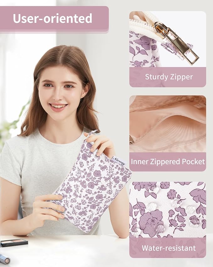 Narwey Small Makeup Bag for Purse Travel Makeup Pouch Cosmetic Bag Zipper Pouch Bags for Women (Little Dusty Pink Flower)