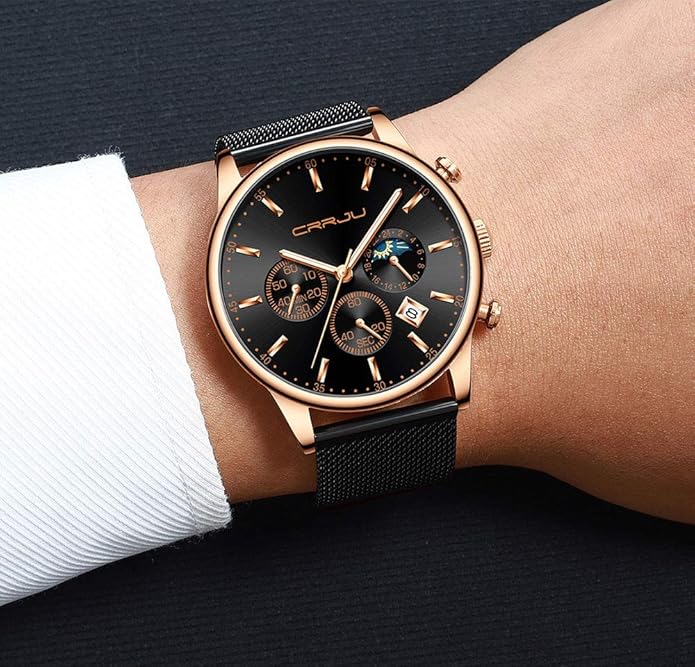 CRRJU Men's Fashion Casual Watches Auto Date Chronograph Watch Men Nice Work Watches Waterproof 30M Full Steel Quartz with Mesh Strap