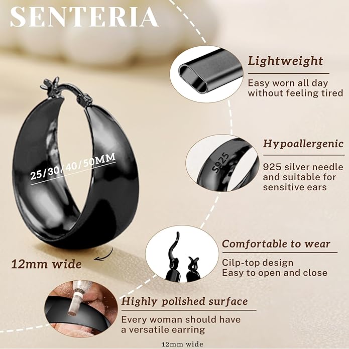 Senteria 12mm Wide Thick Hoop Earrings 925 Sterling Silver Hoop Earrings for Women Hypoallergenic 14K Real Gold Plated Hoops Large Earring Lightweight Chunky Hoops Earring for Women 25/30/40/50MM