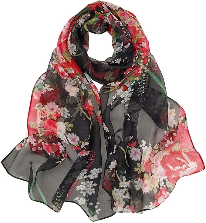 Pokeedioty Scarfs for Women Lightweight Fashion Scarves Elegant Floral Pattern Sheer Scarfs