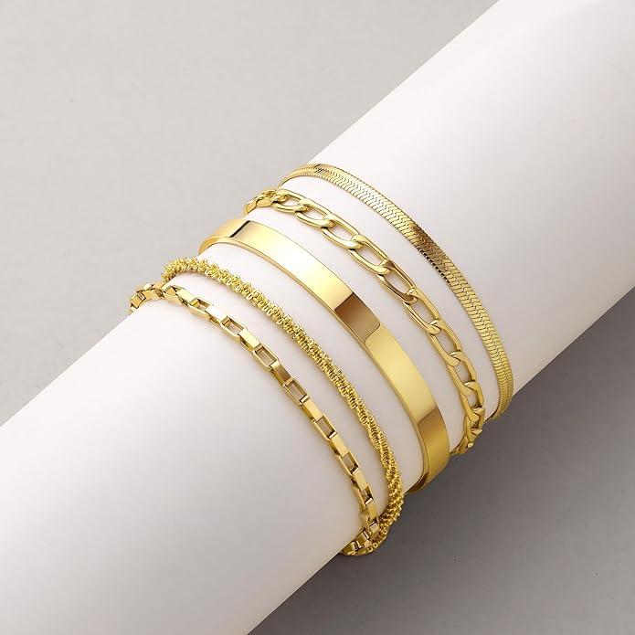 Dainty Thin Gold Bracelet for Women Stack, 14K Gold Plated Bracelet Stackable Set with Bangle Cuff, Box, Herringbone, Paperclip, Figaro, Sparkling Link Chains, Simple Waterproof Non Tarnish Minimalist Gifts for Women Trendy