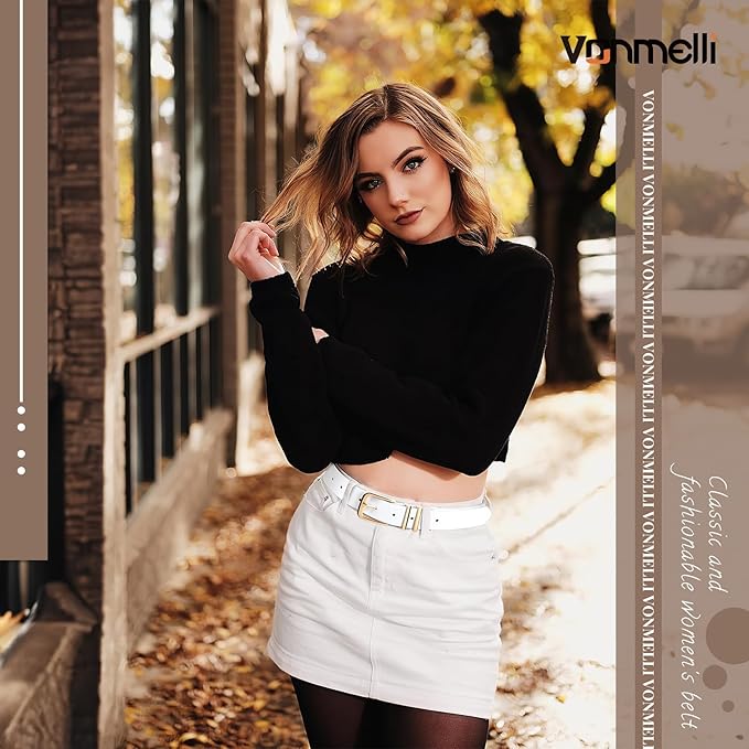 VONMELLI Women's Soft Faux Leather Belt for Jeans Pants Dress Fashion Ladies Waist Belt with Gold/Silvery Buckle