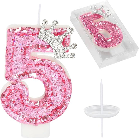 Birthday Number Candles,Pink Crown Birthday Candles for Cake,Glitter Number 5 Candle Cake Topper with Sequins for Girls,Women, Anniversary Celebrations Supplies (Pink 5)
