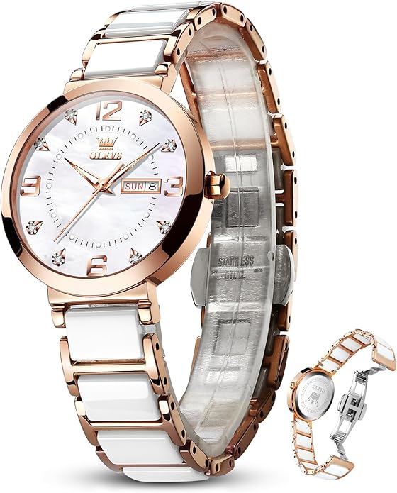 OLEVS Womens Ceramic Watch Luxury Shinning Diamond Rose Gold Watch for Women Analog Quartz Ladies Dress Watches Casual Waterproof Wrist Watches for Woman with Day Date Reloj para Mujer