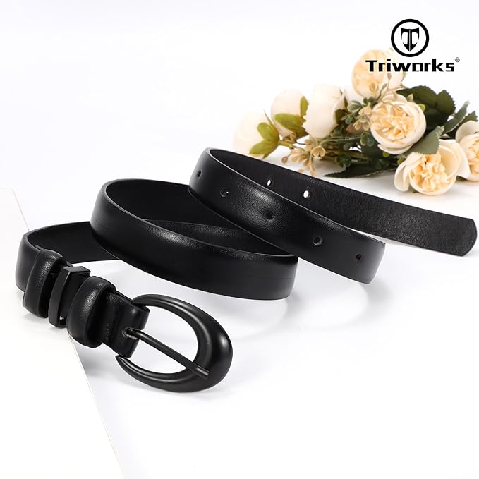 TRIWORKS Women Leather Belt for Jeans Pants Fashion Ladies Skinny Faux Leather Dress belt with Gold Buckle