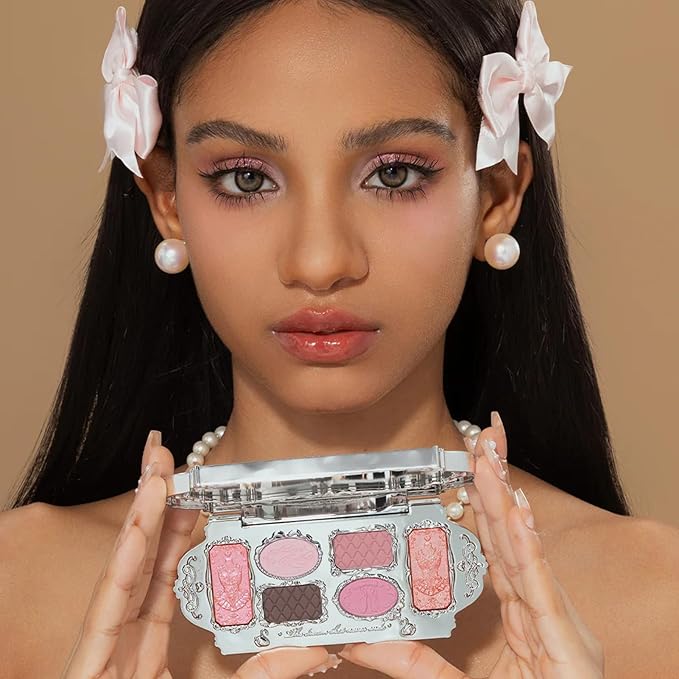 Flower Knows Swan Ballet Six-Color Makeup Palette,Soft Pink Eyeshadow with 4 Matte + 2 Shimmer Shades,Blendable Smooth Cute Eye Makeup,0.23 Oz(03 Pink Swan)