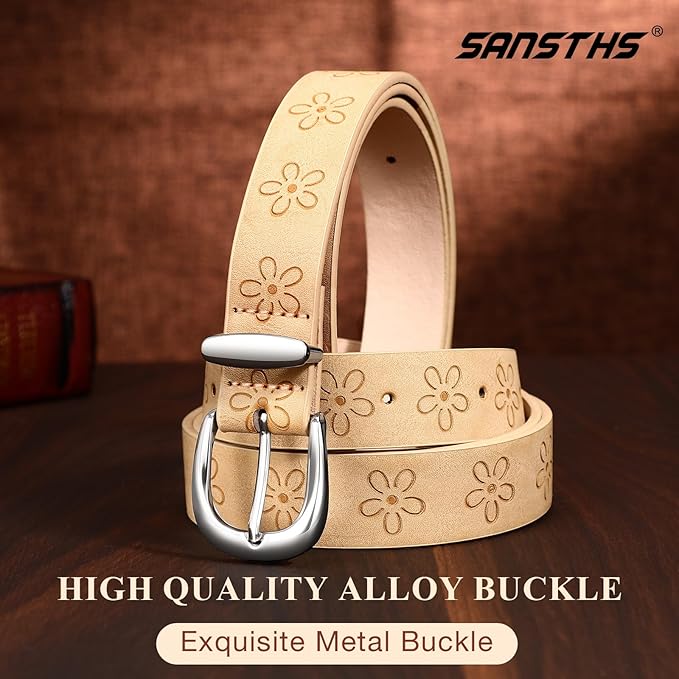 SANSTHS Womens Belt for Jeans Pants Dresses with Alloy Buckle, Floral Print Belt for Women with Unique Print Design