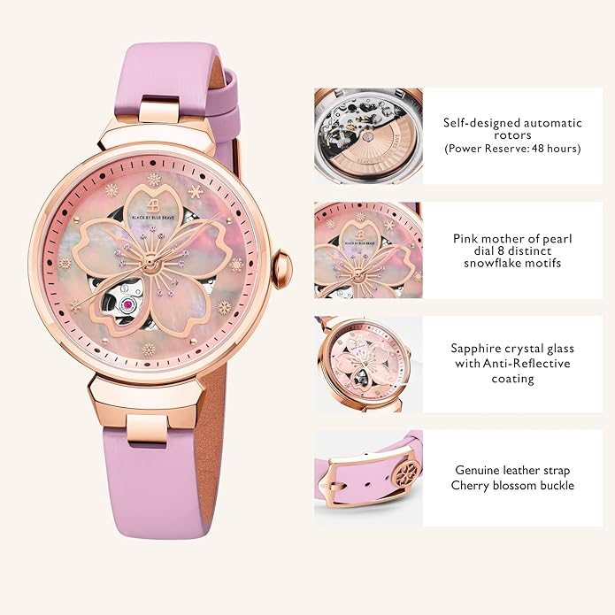 Women Watches Cherry Blossom Women's Watch Mother of Pearl Dial Ladies Watch with Leather Strap Sakura Petal Shape Cherry Blossom Watches for Women Sapphire Crystal Glass for Durability and Clarity