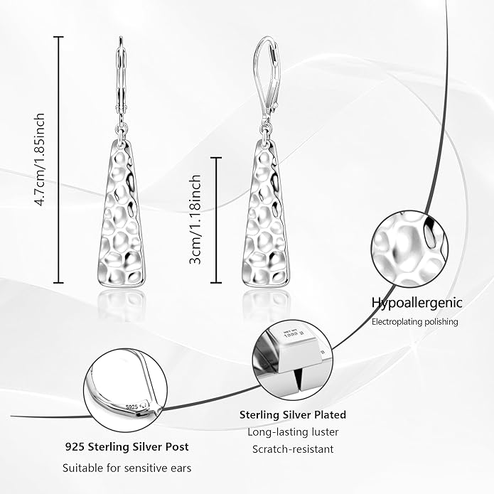 ALEXCRAFT 925 Sterling Silver Dangle Earrings for Women, 14K Gold Plated French Leverback Earrings, Hypoallergenic Lightweight Statement Hammer Square Bar Long Drop Earing for Women Trendy Jewelry