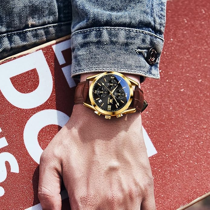OLEVS Men's Casual Leather Watch, Big Face Chronograph Watch for Men, Fashion Easy to Read Dress Watch, Men's Waterproof Luminous Date Analog Watch, Gold/Black/White/Blue Dial