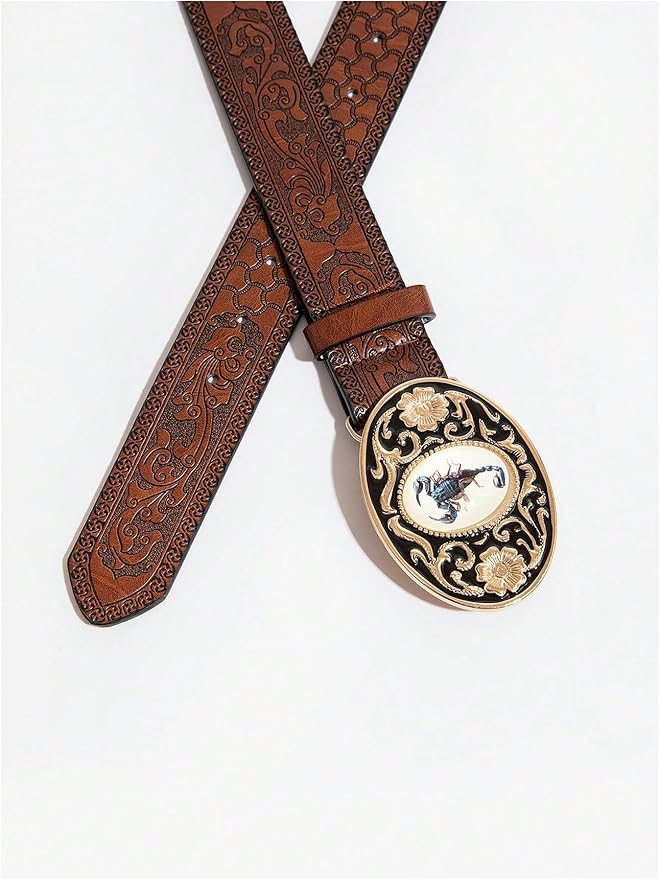 Women's Floral Embroidery Genuine Leather Belt Vintage Square Buckle