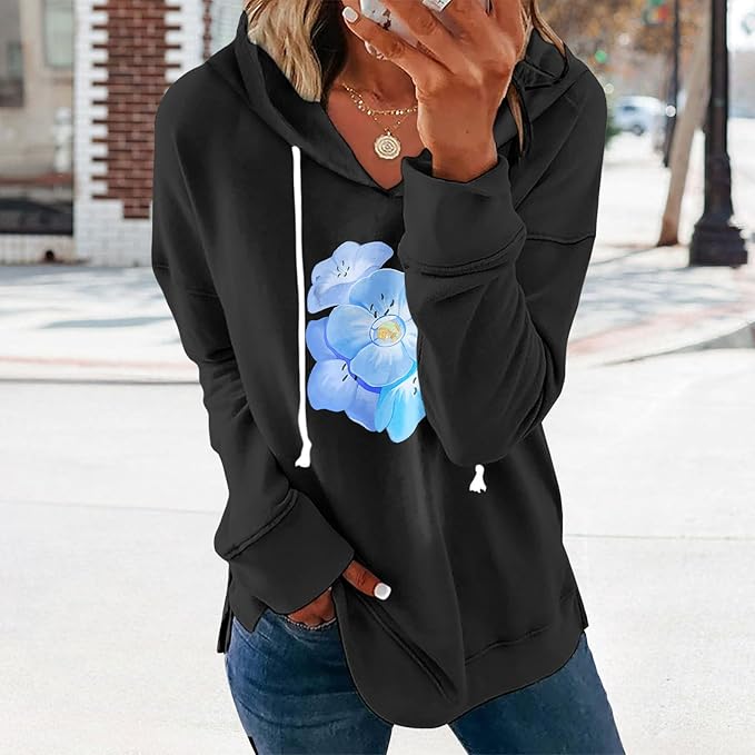 Womens Black Floral Print Hoodie Long Sleeve Cotton Blend Pullover Sweatshirt Loose Fit Casual Top For Everyday Wear