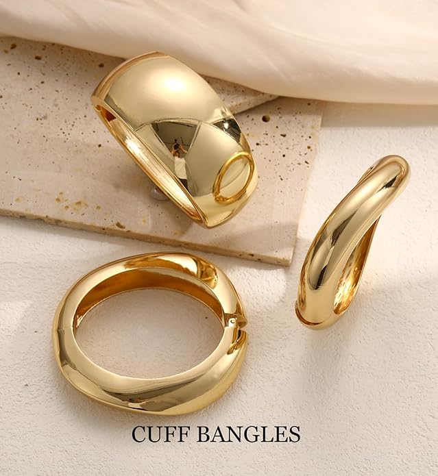 Chunky Gold Bangle Bracelets for Women, 14k Gold Plated Dainty Cuff Stackable Bangles Set, Trendy Bracelet Stack Fashion Jewelry Gifts