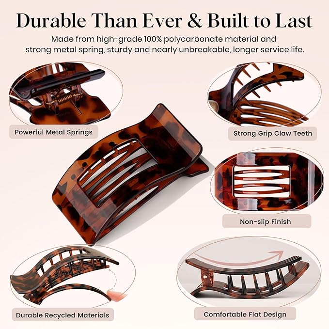 Oeusnae 4 PCS Flat Hair Clips for Women Girls, French Concord Lay Down Claw Clips for Thick Thin Hair, Comfortable Curved Large Flat Clip, Leopard Print Stylish Strong Hold Hair Accessories, Tortoise