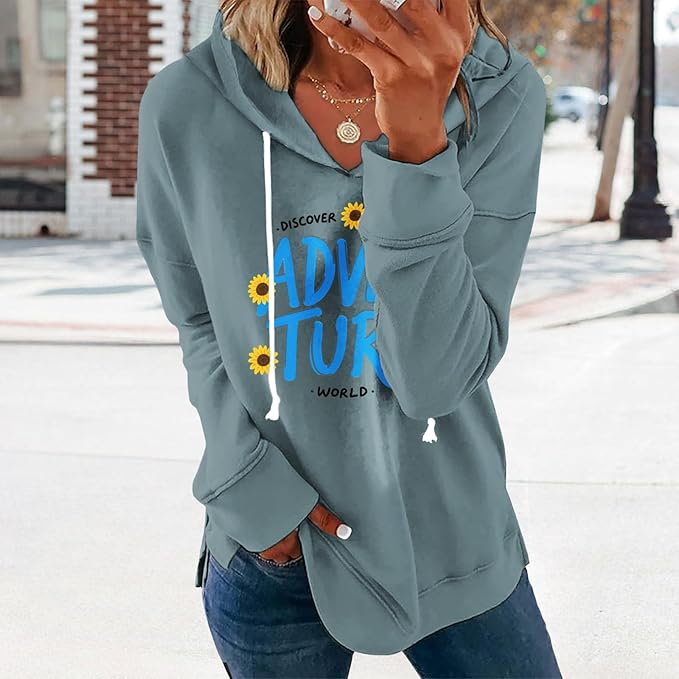 Womens Casual Loose Fit Pullover Sweatshirt with Artistic Print Drawstring Hood Long Sleeve Cotton Blend for Fall