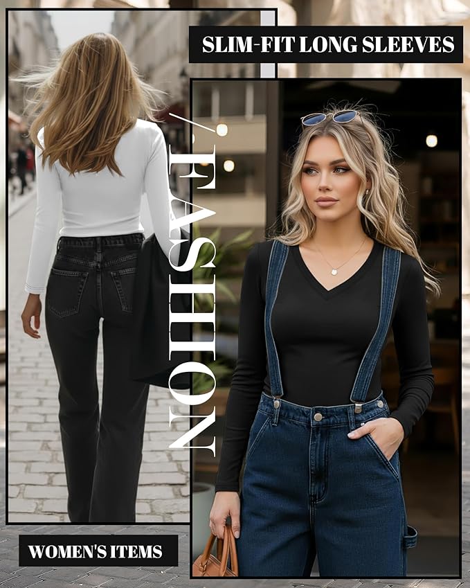 Ficerd 3 Pack Women's Long Sleeve Shirts, V Neck Basic Tees Slim Fitted Casual Fall Tops Going Out Blouses T Shirts