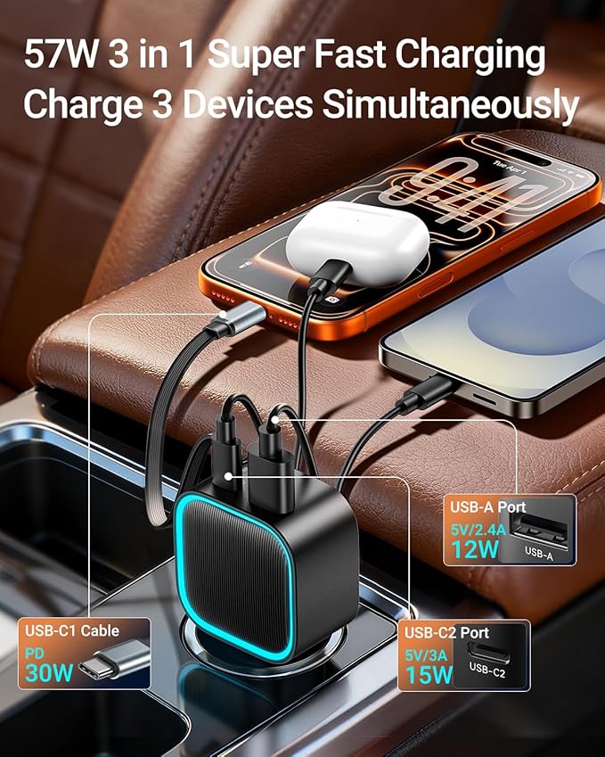 Retractable Car Charger USB-C,Rocoren 57W 3-in-1 Type C Fast Car Charging [Ultra-Compact Mini] with Cord Cigarette Lighter Adapter Car Accessories for iPhone17/16/15,S25 Android,Gifts for Women Men