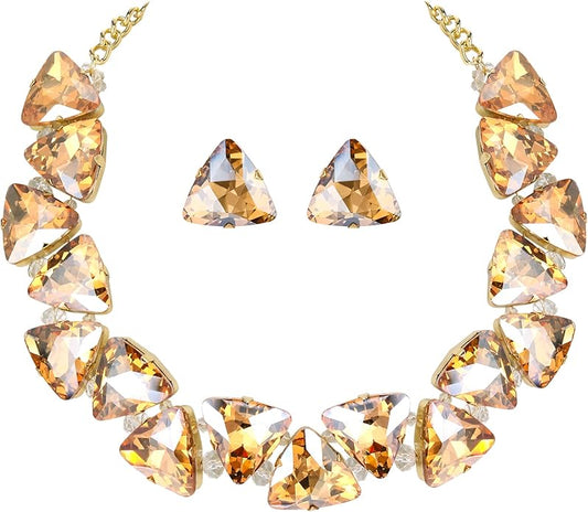BriLove Art Deco Sparkly Triangle Statement Necklace Earrings Set for Women