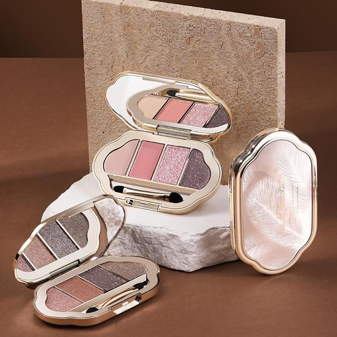 Neutral Shimmer Glitter Eyeshadow Makeup Palette – Rose Mauve, Copper Bronze, Lavender Silver & Champagne Taupe Metallic, High Pigment Blendable Cool-Toned Mini Eye Shadow Palette for Blue Green Eyes
