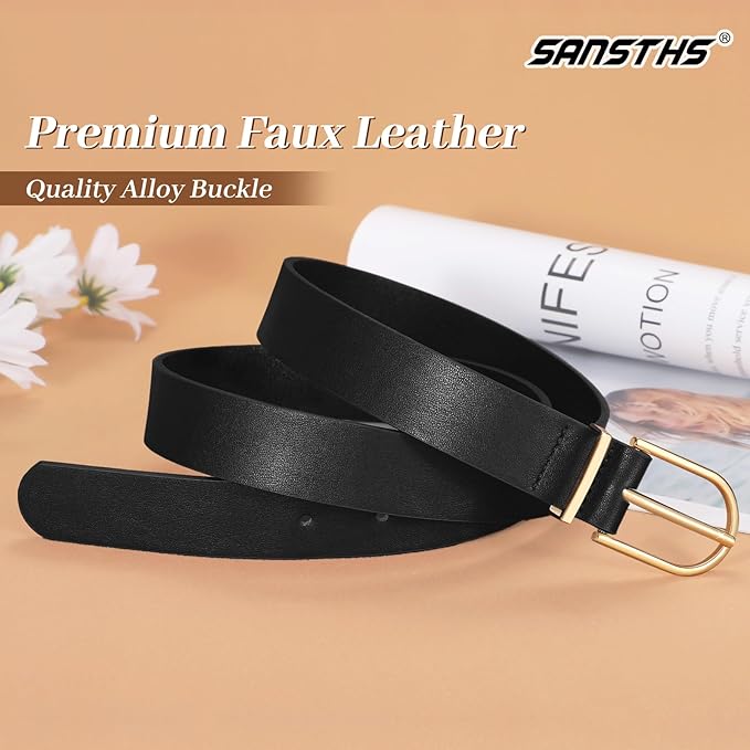SANSTHS Women Faux Leather Chic Belts for Jeans Pants Fashion Ladies Belt Solid Color with Gold Curved Pin Buckle