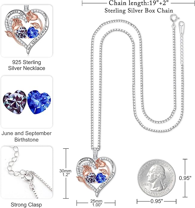 Iefil Valentines Day Gifts for Her - 925 Sterling Silver Rose Heart Birthstone Necklace Birthday Anniversary Jewelry Gifts for Her Wife Mom Daughter